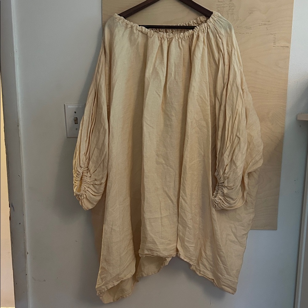 100 linen heavyweight gathered oversized mini tunic dress butter yellow